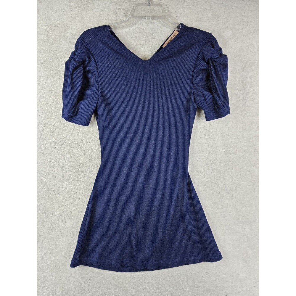 Maggie Marilyn Women's Short Sleeve Ribbed Open Back Mini Dress Navy Size M